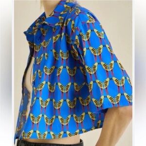 Zara Bird Print Blue Cropped Boxy Button Up Blouse Blogger